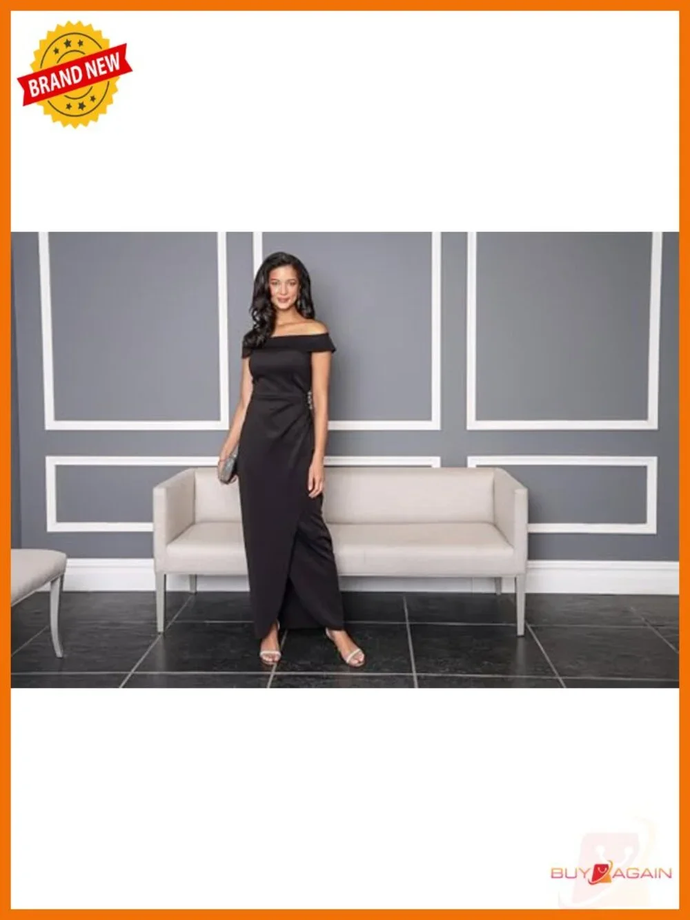 Stretch Scuba Crepe Off Shoulder Formal Sheath Dress Beaded Hip